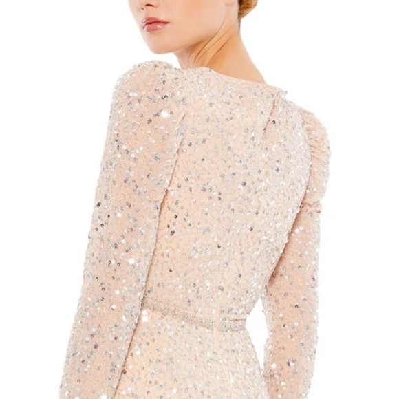 MAC DUGGAL 10740 SEQUIN EMBELLISHED HEMLIN BELT NUDE/SILVER MIDI DRESS sz 8 - Picture 4 of 6